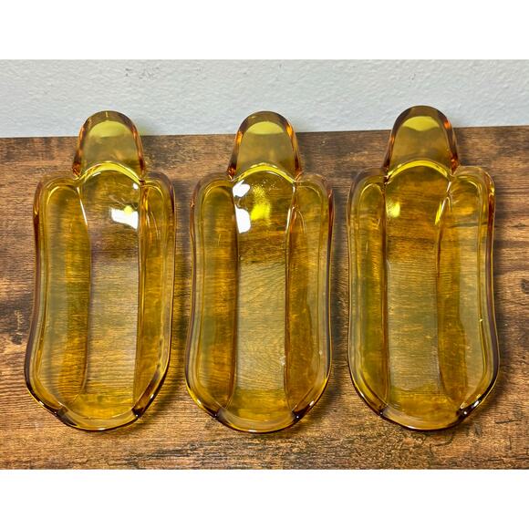 Vintage Indiana Glass Amber Banana Split Trays Set of 3 - Picture 3 of 8